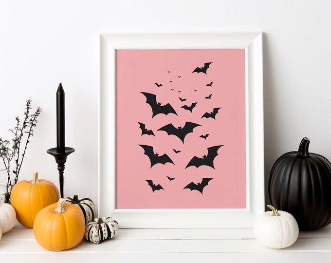Pink Bats Wall Decor, Cute Halloween Printable Artwork,  Pastel Bat Decorations for Halloween, Feminine Witch Aesthetic Wall Art