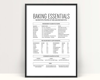 Kitchen Measurement Conversion Chart, Printable Baking Substitutions Guide, Essential Baking Wall Art, Baking Tips and Tricks Poster