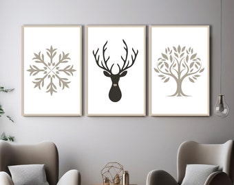 Boho Christmas print set, Set of 3 Bohemian Christmas prints, Minimalist Christmas decor prints, Nature-inspired Christmas art set