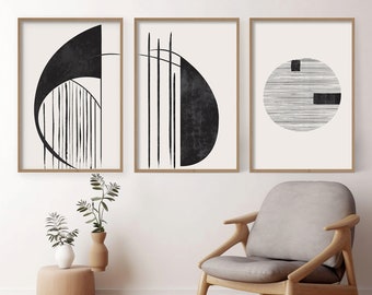 Ensemble de 3 art mural imprimable abstrait noir et blanc, ensemble d'impressions modernes pour un décor minimaliste, art mural imprimable abstrait en noir et blanc