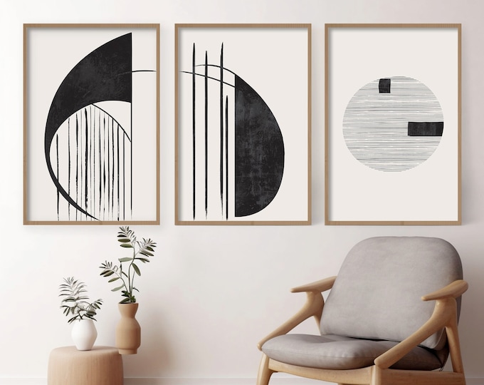 Set of 3 Black and White Abstract Printable Wall Art, Modern Prints Set for Minimalist Decor, Abstract Printable Wall Art in Black and White