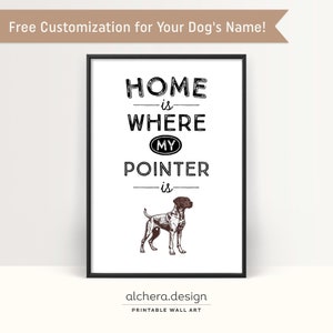 May include: A framed print with the text "HOME is WHERE MY POINTER is" and a brown and white dog illustration. The print also includes the text "Free Customization for Your Dog's Name!" and "alchera.design PRINTABLE WALL ART."