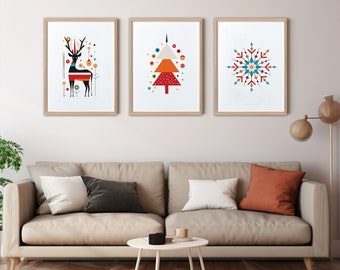 Bauhaus Christmas art print set, Modern holiday decoration prints, Abstract deer and snowflake wall art, Geometric Christmas tree poster