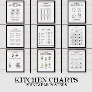May include: A set of nine printable kitchen charts with black and white illustrations and text. The charts include topics such as kitchen knives, oven temperatures, stocks and broths, tea, vegetable cooking times, beer and food pairings, cheese and wine pairings, culinary herbs, and herbs and spices.