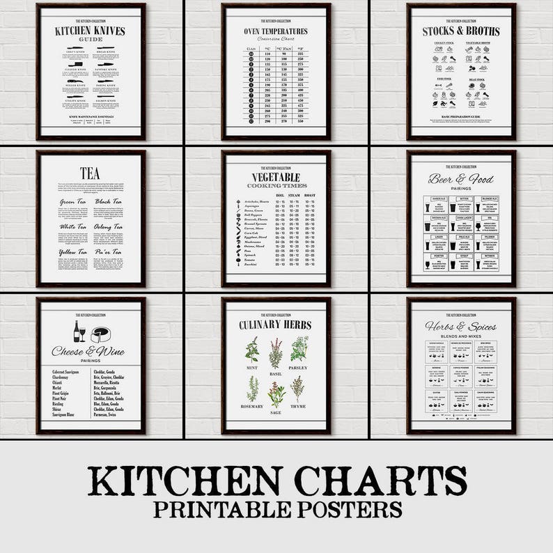 May include: A set of nine printable kitchen charts with black and white illustrations and text. The charts include topics such as kitchen knives, oven temperatures, stocks and broths, tea, vegetable cooking times, beer and food pairings, cheese and wine pairings, culinary herbs, and herbs and spices.