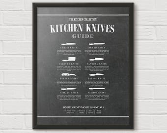 Chef Knife, Cooking Knife, Butcher Knives, Kitchen Knife Chart, Butcher Print, Kitchen Diagram, Kitchen Chart, Unique Cooking Gift, KPC14