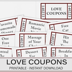Valentines Day Gift, Love Coupons, Valentines Day Coupons, Last minute Valentines, Printable Love Coupons, Love Coupon Book, Coupon Book