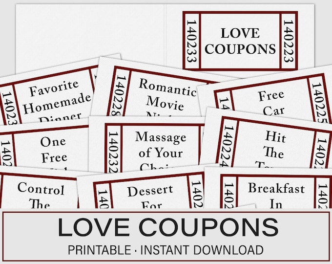 Valentines Day Gift, Love Coupons, Valentines Day Coupons, Last minute Valentines, Printable Love Coupons, Love Coupon Book, Coupon Book