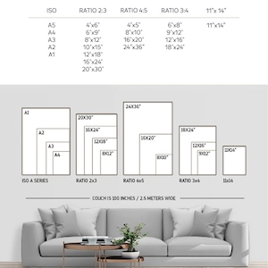 A gray graphic showing different print sizes and aspect ratios, with examples of how they fit on a wall above a sofa.