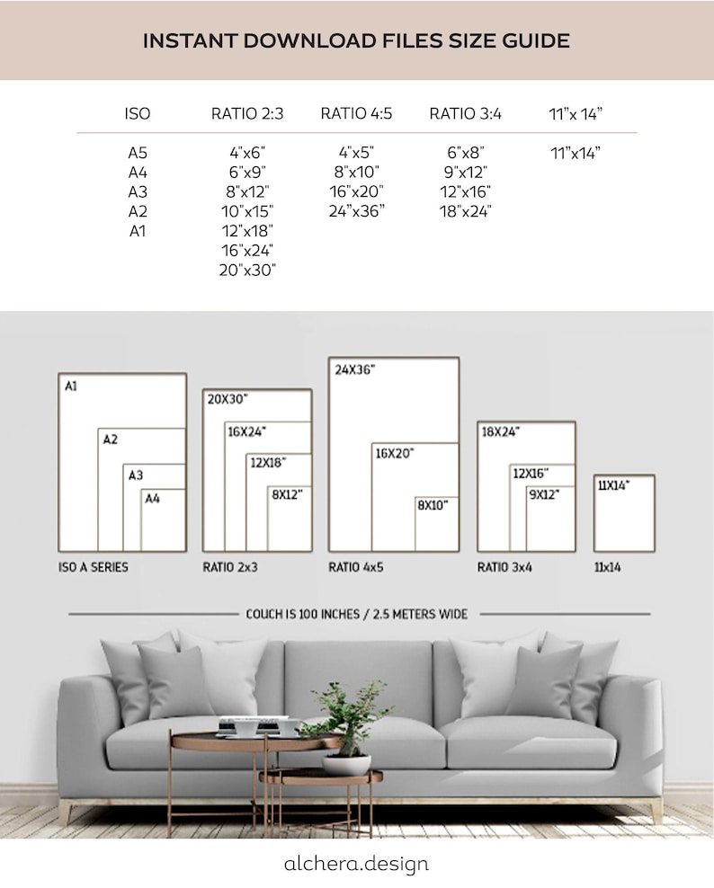A gray graphic showing different print sizes and aspect ratios, with examples of how they fit on a wall above a sofa.