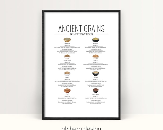 Nutritional Information Wall Print, Ancient Grains Chart, Superfoods Kitchen Art, Educational Food Chart Poster