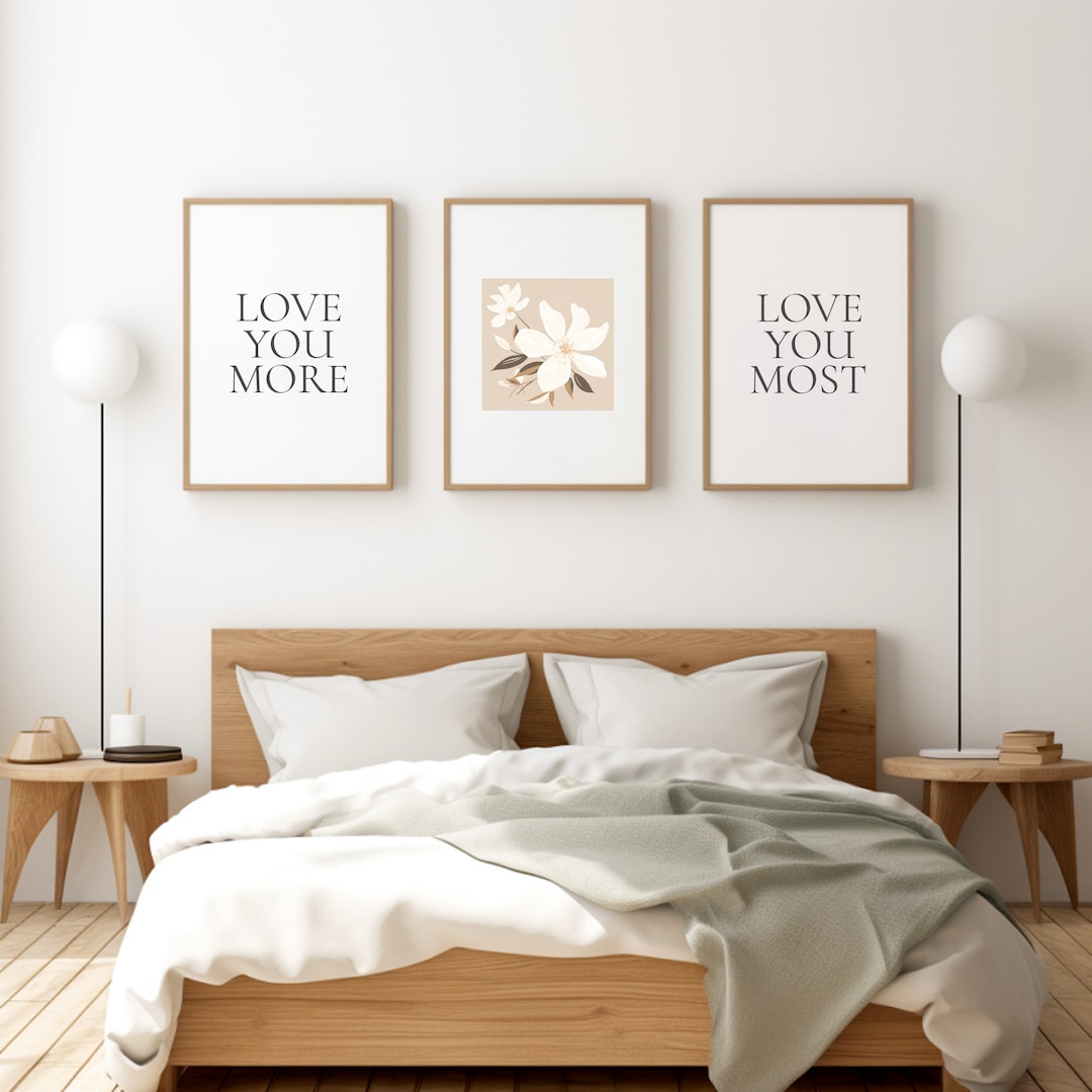 Bedroom Decor With Flower Elements, Romantic Bedroom Art Set of 3, Love