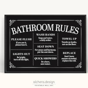 Bathroom Rules Printable Wall Art, Bathroom Decor Sign, Black Bathroom Wall Decor, Bathroom Etiquette Poster, Wash Hands,