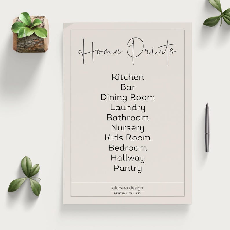 A white sheet of paper with "Home Prints" at the top and a list of rooms below, next to a pen and small plant.