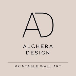 A light beige square with a black stylized "AD" logo, "ALCHERA DESIGN" in black text, and "PRINTABLE WALL ART" at the bottom.