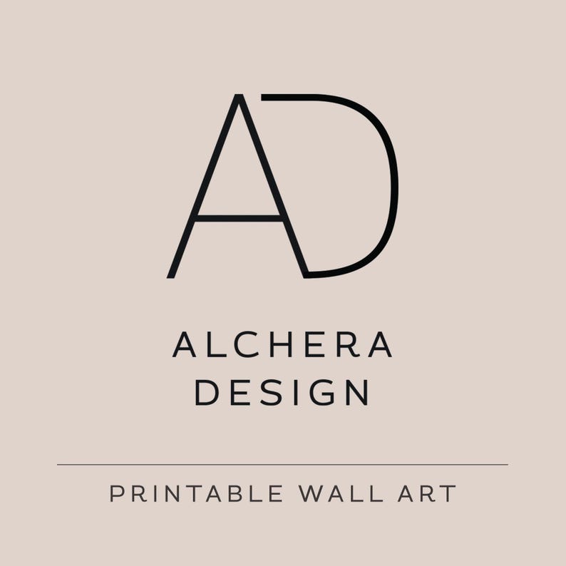 A light beige square with a black stylized "AD" logo, "ALCHERA DESIGN" in black text, and "PRINTABLE WALL ART" at the bottom.