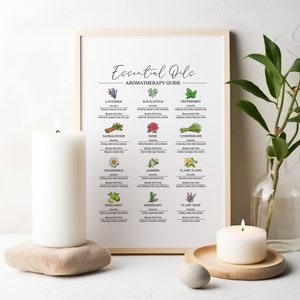 Könnte beinhalten: Eine druckbare Tabelle mit Illustrationen von ätherischen Ölen und ihren Vorteilen. Die Tabelle enthält Lavendel, Eukalyptus, Pfefferminze, Sandelholz, Rose, Zitronengras, Kamille, Jasmin, Ylang-Ylang, Bergamotte, Rosmarin und Salbei.