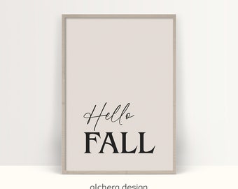 Modern Beige Autumn Printable Wall Art, Elegant Thanksgiving Hello Fall Poster, Autumn Sayings, Chic Autumn Decor, Fall Greetings