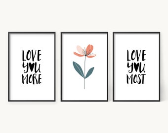 Liefdescitaten slaapkamer muurkunst, minimalistische bloemenprints (digitale download)