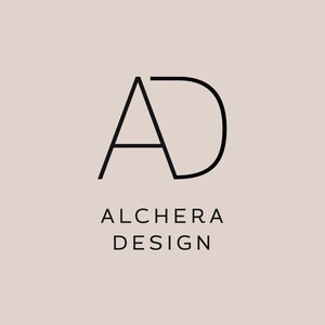 A logo for alchera design featuring stylized letters A and D in black on a beige background.