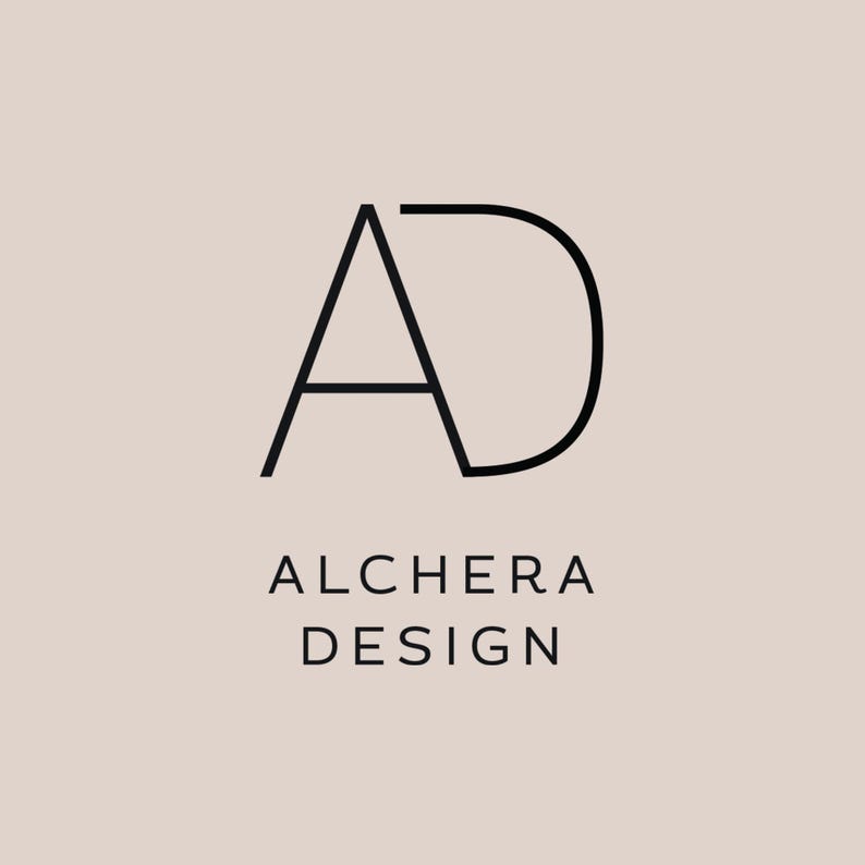 A logo for alchera design featuring stylized letters A and D in black on a beige background.