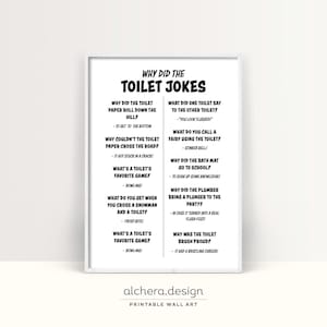 A white poster with a black border displays a list of "Toilet Jokes" with questions and answers in black text.