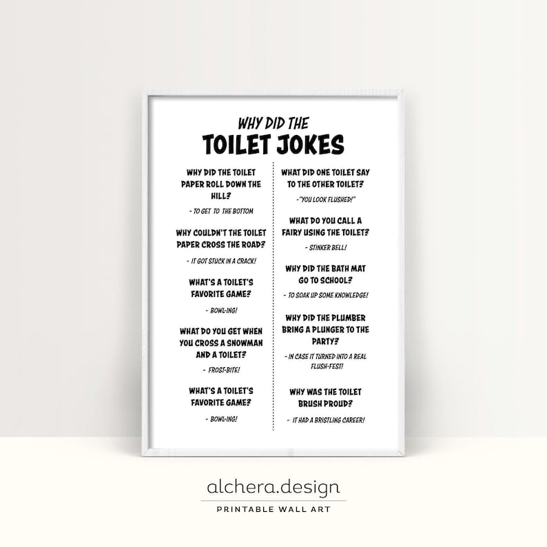 A white poster with a black border displays a list of "Toilet Jokes" with questions and answers in black text.