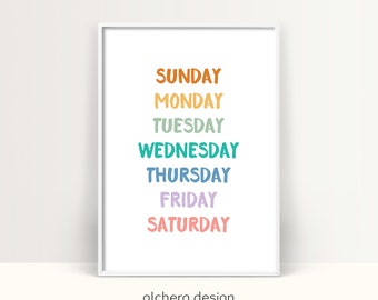 Days of the Week Printable,  Montessori Education Poster, Homeschool Resources, Learning Print, Nursery, Colorful Classroom Art