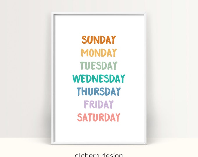 Days of the Week Printable,  Montessori Education Poster, Homeschool Resources, Learning Print, Nursery, Colorful Classroom Art