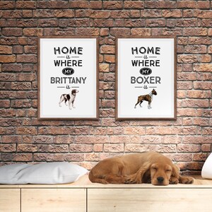 May include: Two framed prints with the text "HOME is WHERE MY BRITTANY is" and "HOME is WHERE MY BOXER is" above dog illustrations. A sleeping golden Cocker Spaniel rests on a wooden surface in front of a brick wall.