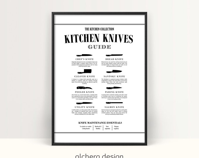 Kitchen Knife Chart, Butcher Print, Kitchen Diagram, Cooking Knife, Butcher Knives, Chef Knife, Kitchen Chart, Unique Cooking Gift, KP14
