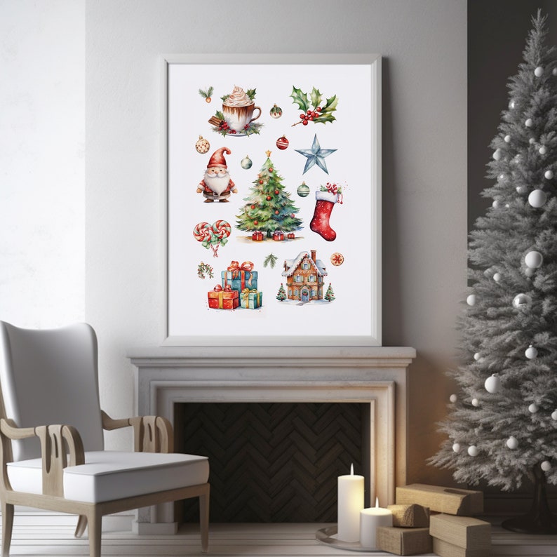 Watercolor Christmas illustration, Watercolor holiday decor art, Festive Christmas print, Traditional Holiday Art image 2