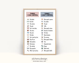 Mindfulnesskunst, zelfzorgposter, Things I Can Control (digitale download)
