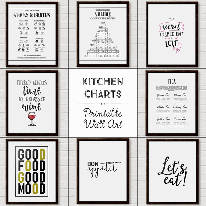 May include: A collection of eight framed kitchen wall art prints featuring black and white typography and illustrations. The prints include charts for stocks, broths, volume conversions, tea types, and various culinary quotes like Good Food Good Mood.