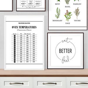 May include: Black and white printable wall art with the text "eat better feel" in a circle. The art is framed and hanging on a wall above a white cabinet with silver handles.