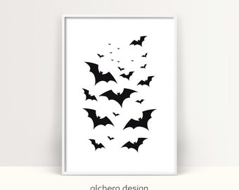 Halloween decor, bat illustration, flying bats, spooky wall art, October decoration, gothic home decor, bat poster