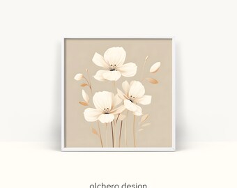 Art floral minimaliste moderne, décoration intérieure beige et blanche, design floral minimaliste, art mural beige contemporain, œuvre d’art minimaliste