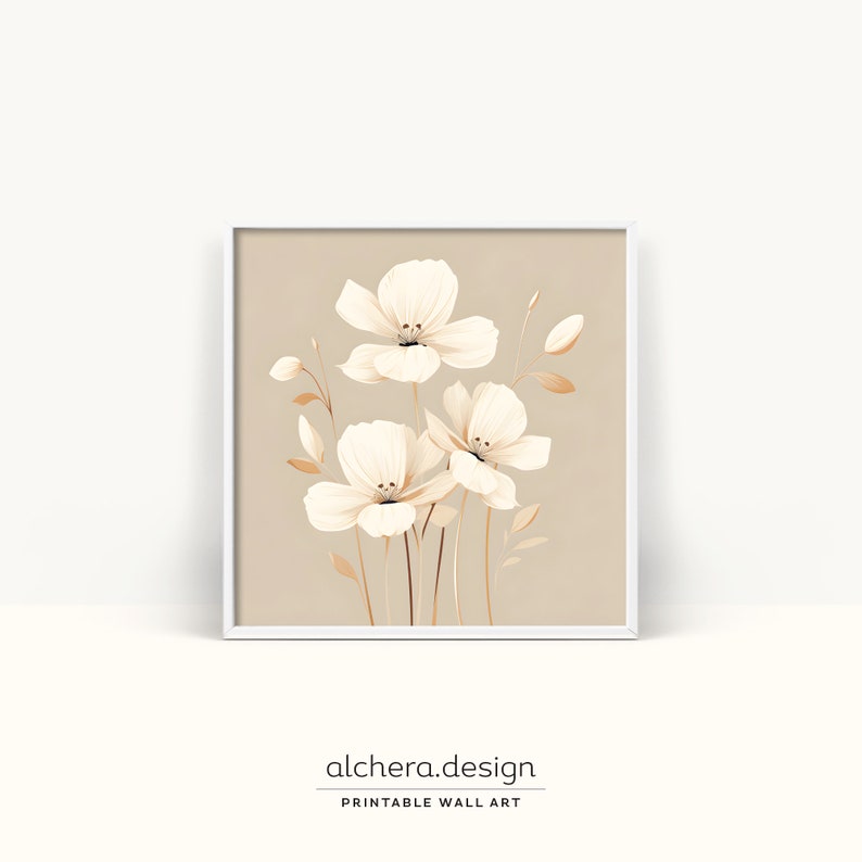 Moderne minimalistische bloemkunst, beige en witte huisdecoratie, minimalistisch bloemdessin, hedendaagse beige muurkunst, minimalistische huiskunstwerken afbeelding 1