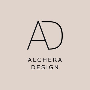 May include: A logo featuring the black letters AD in a stylized font, with the letter A connected to the letter D. Below the letters, the text ALCHERA DESIGN is printed in black capital letters against a solid light beige background.