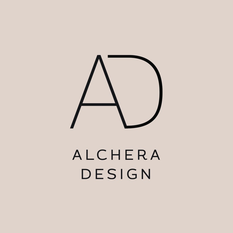May include: A logo featuring the black letters AD in a stylized font, with the letter A connected to the letter D. Below the letters, the text ALCHERA DESIGN is printed in black capital letters against a solid light beige background.