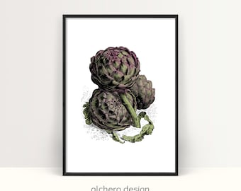 Artisjok, artisjokprint, woondecoratie, groente, keukenkunst, keukendecor, botanische print, groenteprint, artisjokken, artisjokkunst