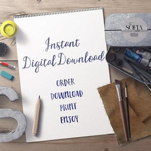Puede incluir: Una vista superior de materiales de arte y el texto "Descarga digital instant&aacute;nea". Incluye un bloc de dibujo, tubos de pintura, pinceles, un l&aacute;piz y una caja de metal con la etiqueta "Sofia". Los art&iacute;culos est&aacute;n dispuestos sobre una superficie de madera.