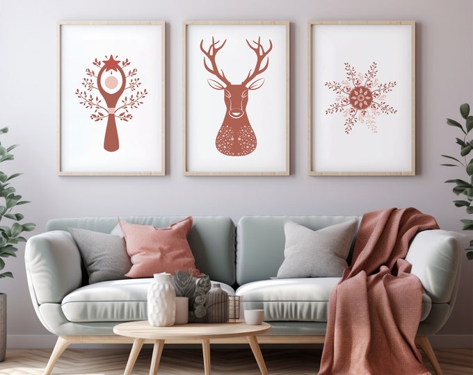 Printable Christmas snowflake wall art, Reindeer illustration print for Christmas, Holiday-themed gallery wall,  Bohemian style wall art