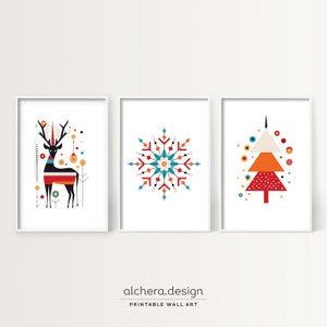 Bauhaus Christmas art print set, Modern holiday decoration prints, Abstract deer and snowflake wall art, Geometric Christmas tree poster image 2