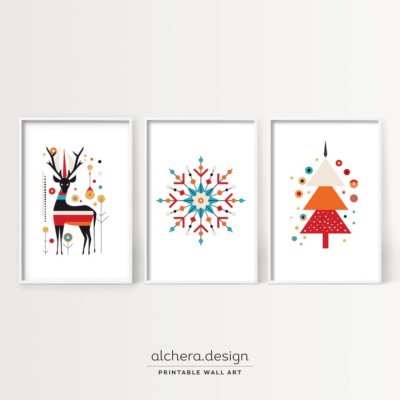 Bauhaus Christmas art print set, Modern holiday decoration prints, Abstract deer and snowflake wall art, Geometric Christmas tree poster image 2