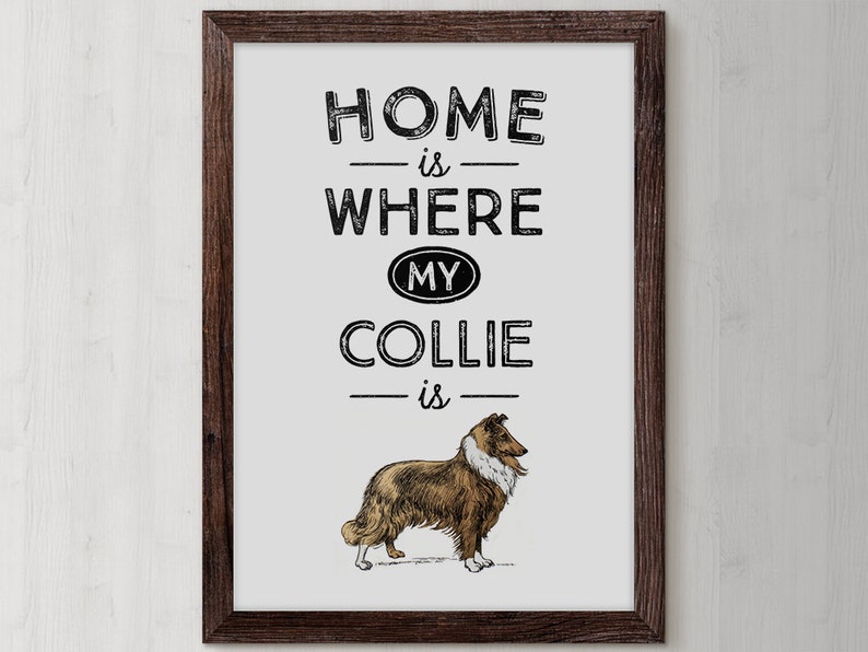 May include: Framed print with the text "HOME is WHERE MY COLLIE is" in black lettering. A detailed illustration of a Collie dog is at the bottom. The frame is a dark brown color.