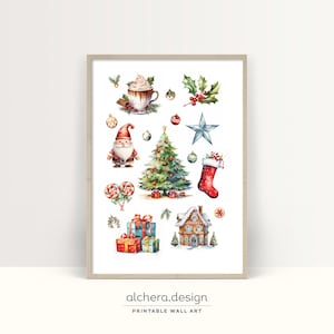 Watercolor Christmas illustration, Watercolor holiday decor art, Festive Christmas print, Traditional Holiday Art image 1