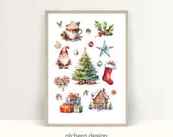 Watercolor Christmas illustration, Watercolor holiday decor art, Festive Christmas print, Traditional Holiday Art