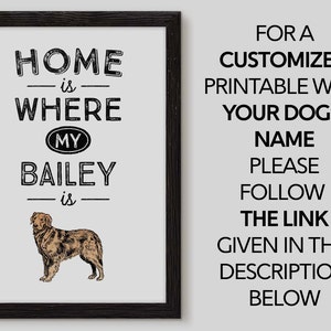 May include: A framed print with the text "HOME is WHERE MY BAILEY is" above a dog illustration. The print also includes the text "FOR A CUSTOMIZED PRINTABLE WITH YOUR DOG'S NAME PLEASE FOLLOW THE LINK GIVEN IN THE DESCRIPTION BELOW."