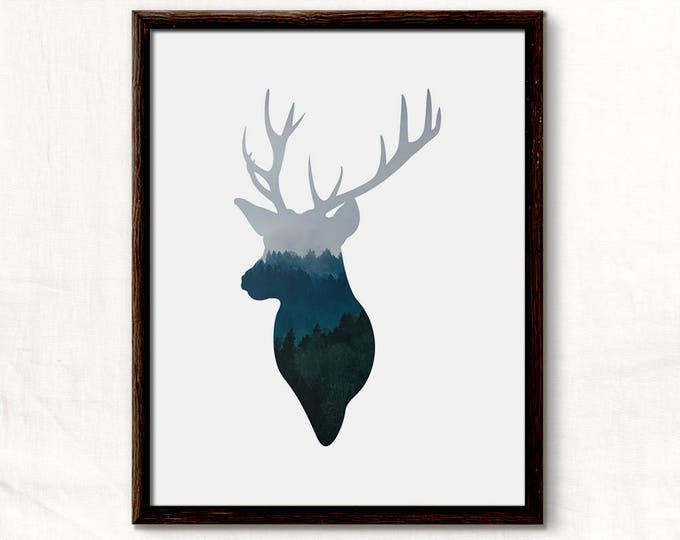 Reindeer, Deer Print, Christmas Print, Blue Reindeer, Blue Christmas, Deer Art Print, Deer Head, Scandinavian Christmas, Winter Poster